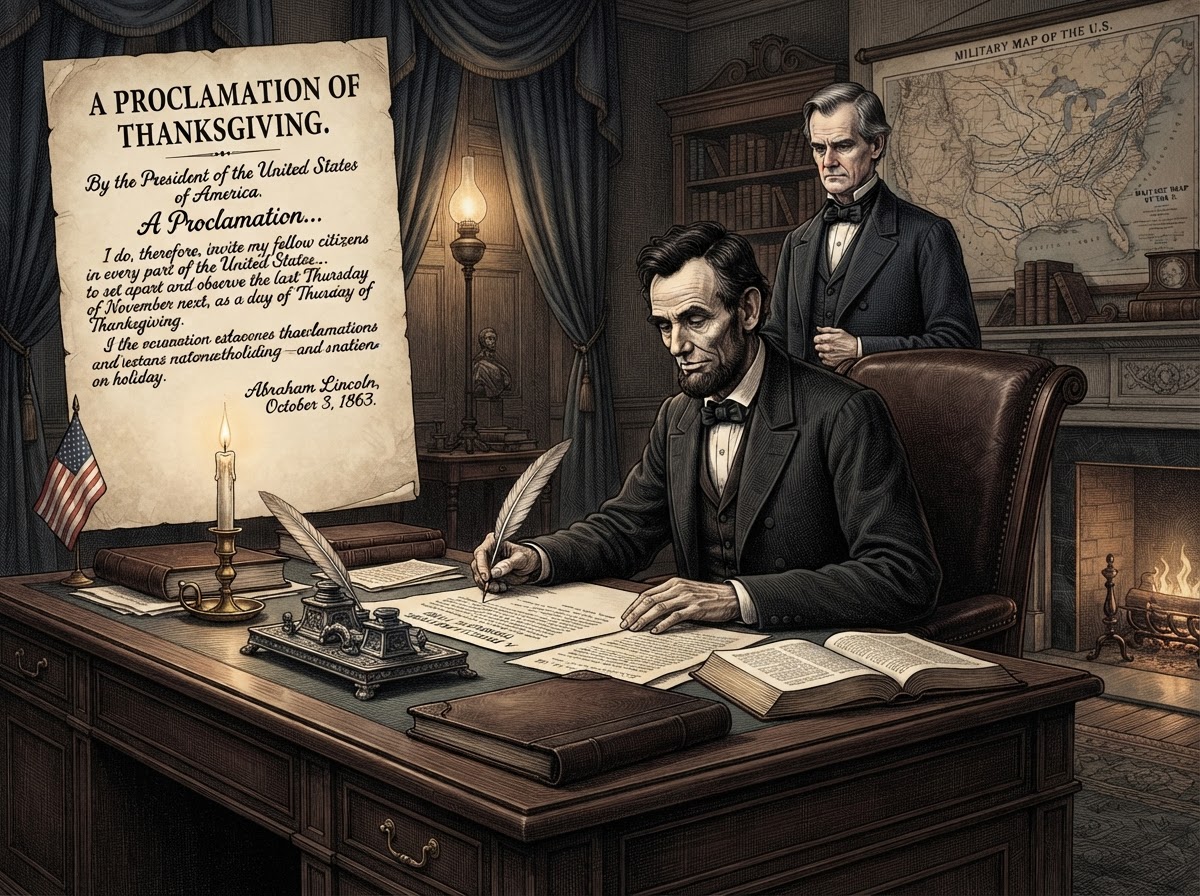 Abraham Lincoln in 1863 signing the proclamation making Thanksgiving a national holiday