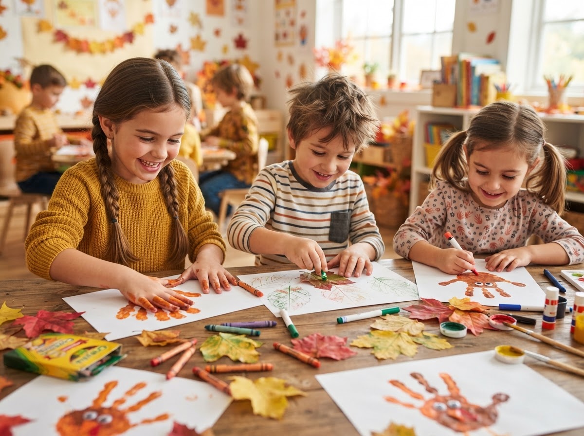 Children making handprint turkey and leaf rubbing crafts with autumn colors