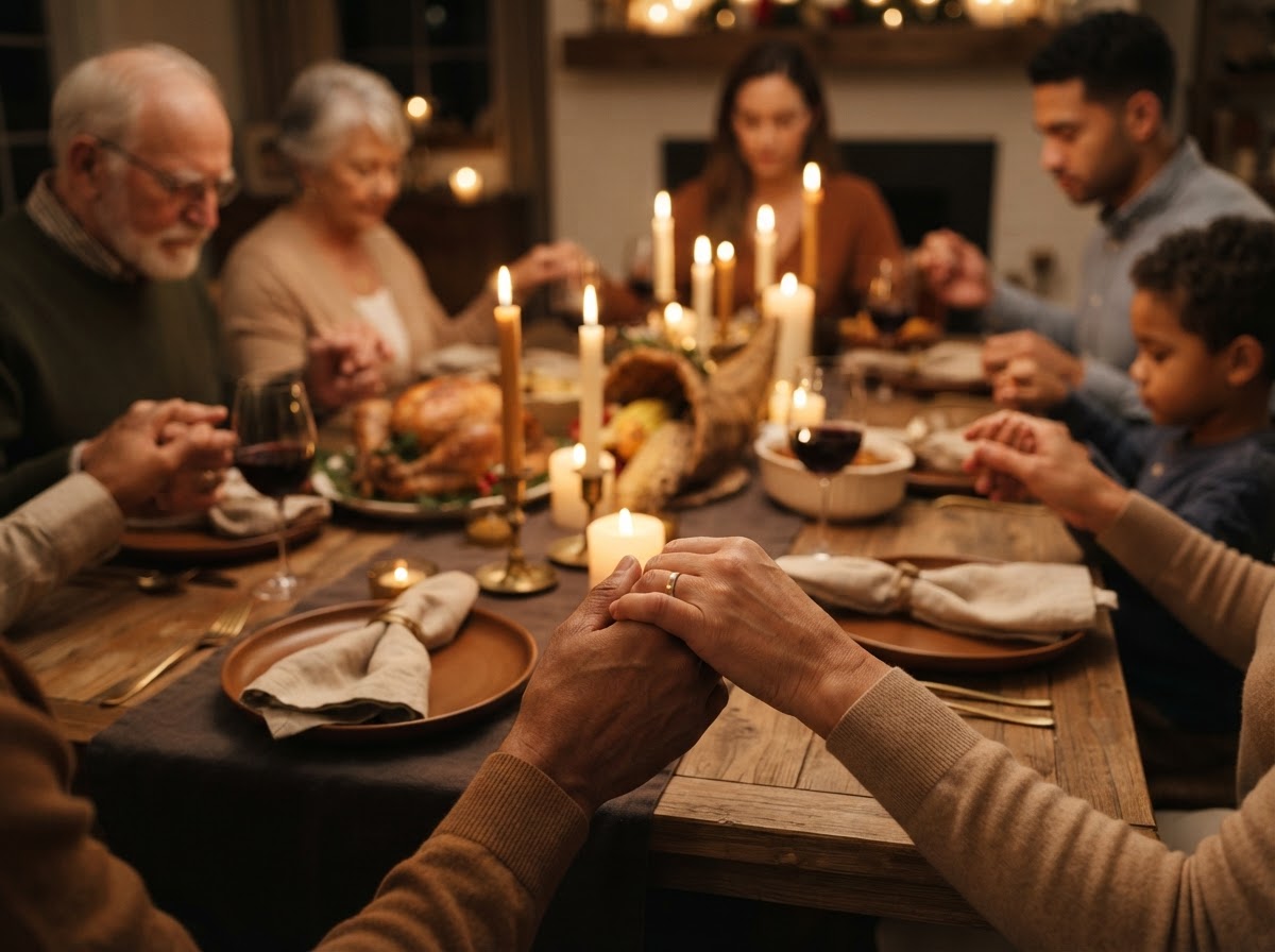 Hands clasped together in a circle around a Thanksgiving table saying grace
