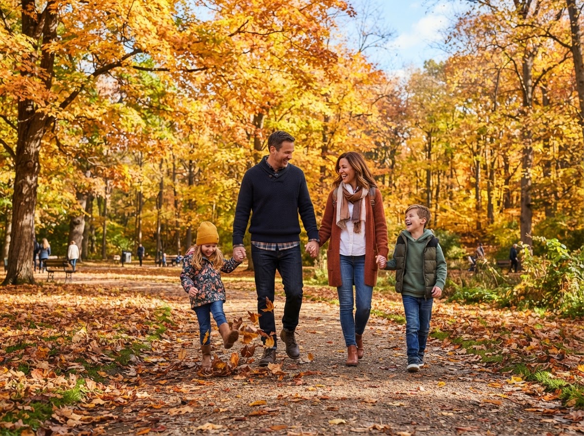 A family on an autumn walk through a park with golden maple trees