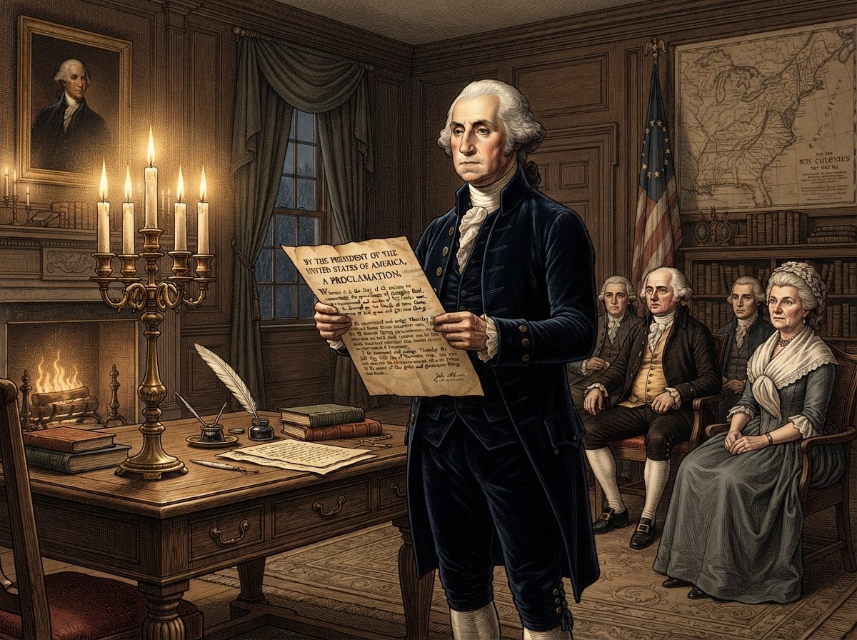 George Washington reading a 1789 proclamation of a national day of thanksgiving