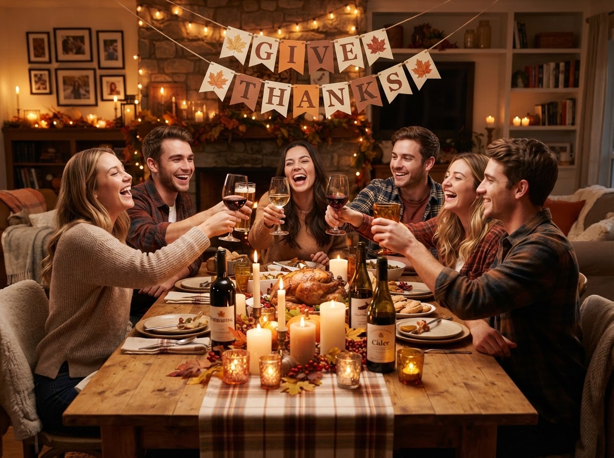 Friends gathered around a Friendsgiving table with mismatched candles and a banner