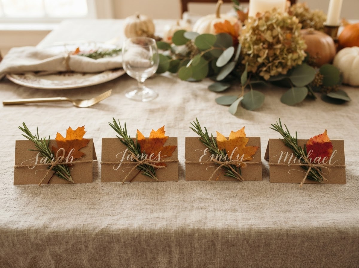 Printable Thanksgiving place cards on kraft cardstock with rosemary sprigs