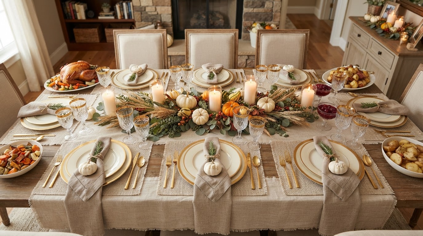 A warm, candle-lit Thanksgiving table set for a harvest feast
