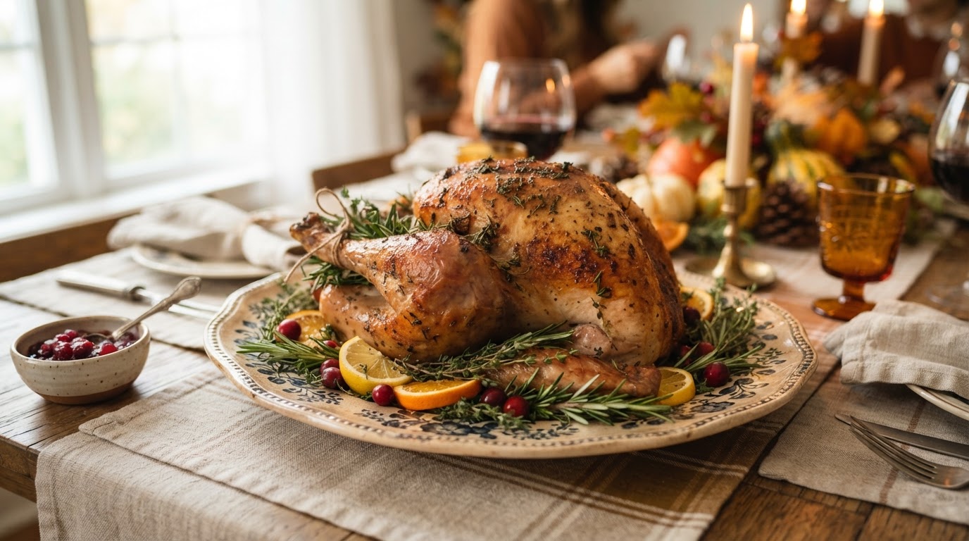 A golden-brown roast Thanksgiving turkey garnished with rosemary and cranberries