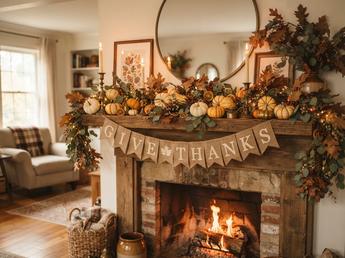 A Thanksgiving mantel with a leaf garland, mini pumpkins, candlesticks and a burlap banner