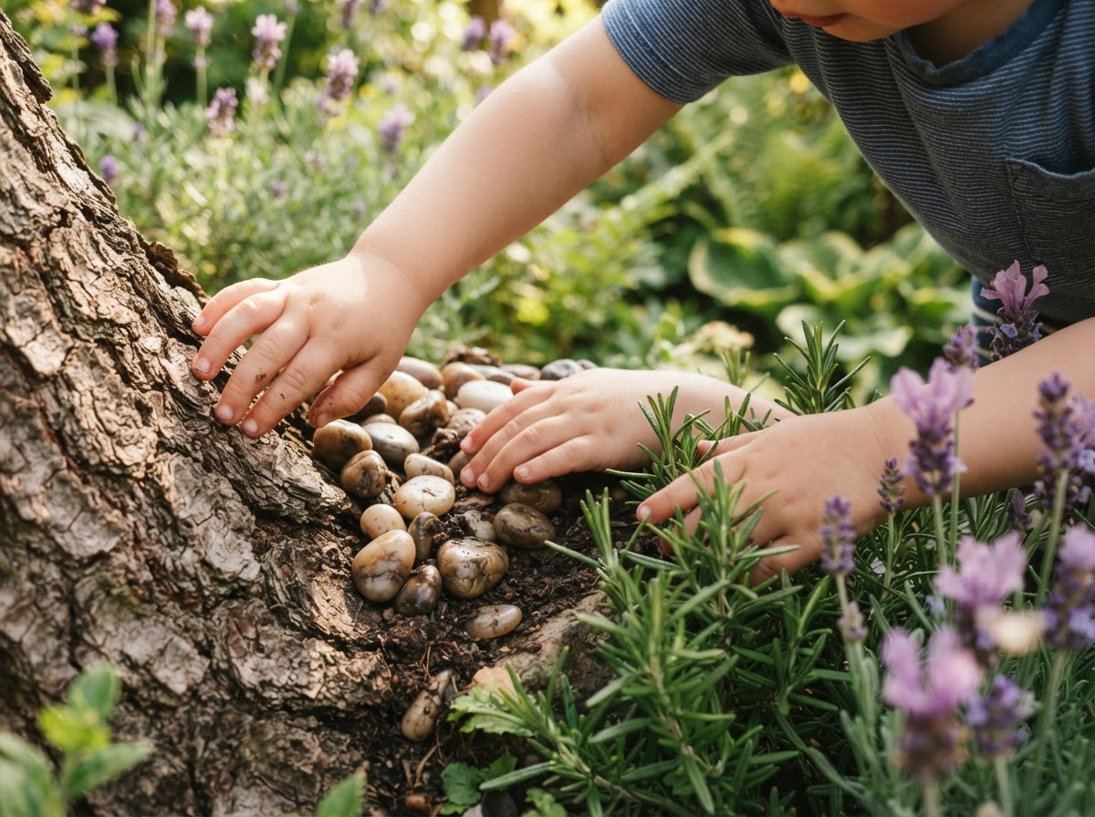Manos de un niño explorando texturas, hierbas y pétalos en el jardín sensorial