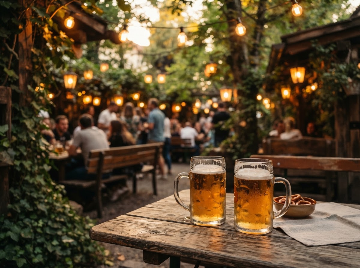The outdoor beer garden in the evening with warm string lights above a wooden table.
