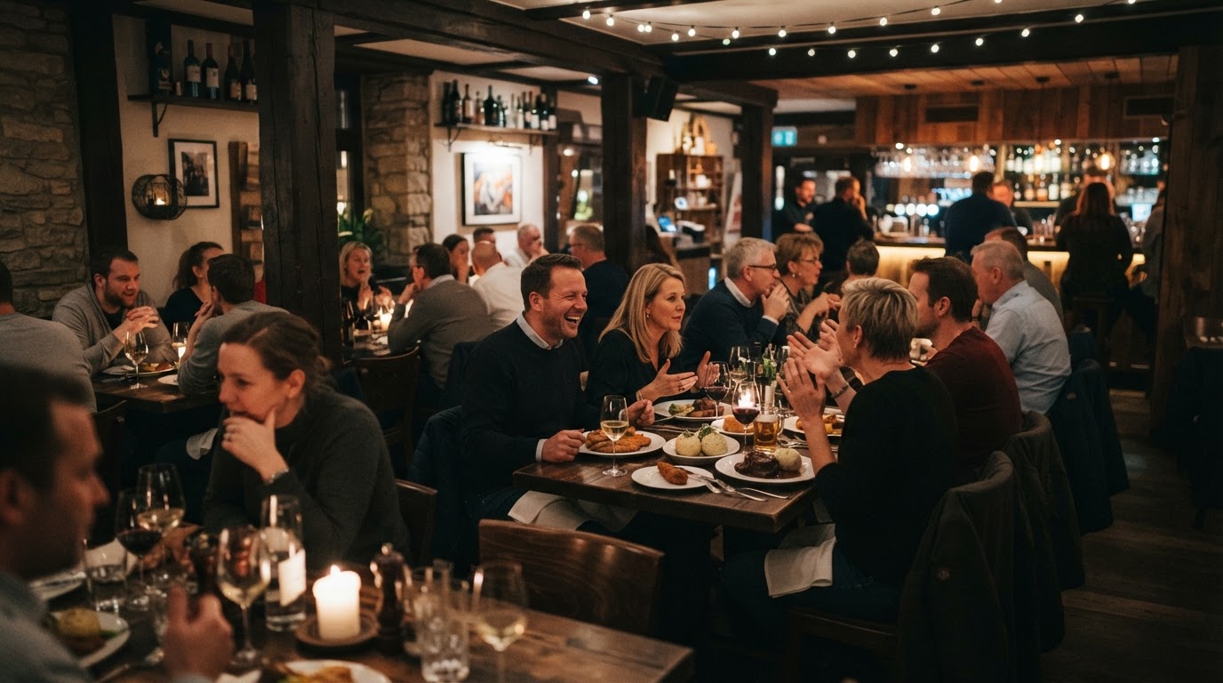 A warm, candid scene of people gathered around wooden tables enjoying food and conversation at Zum Treffpunkt.