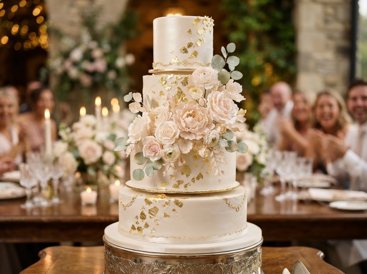 Close-up of luxury white and gold celebration cake with sculpted sugar petals by April's Cakes