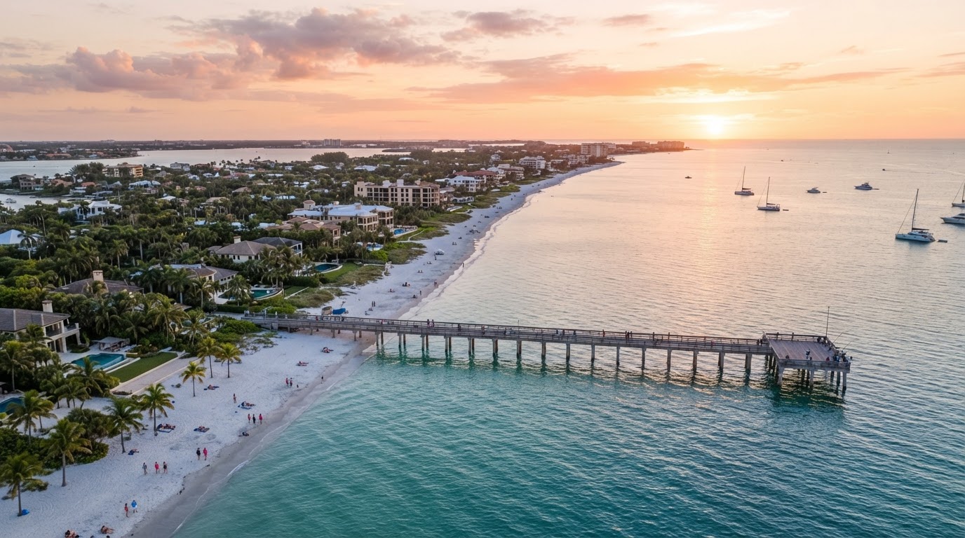 Naples and Fort Myers Florida coastline at sunset, business broker Naples and Fort Myers FL
