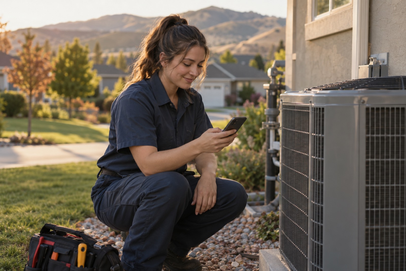 An HVAC technician checking her phone beside an outdoor unit