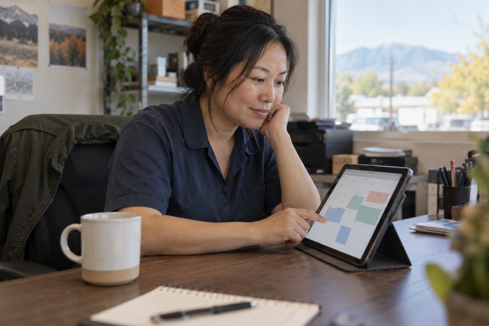 A business owner checking a calendar on a tablet