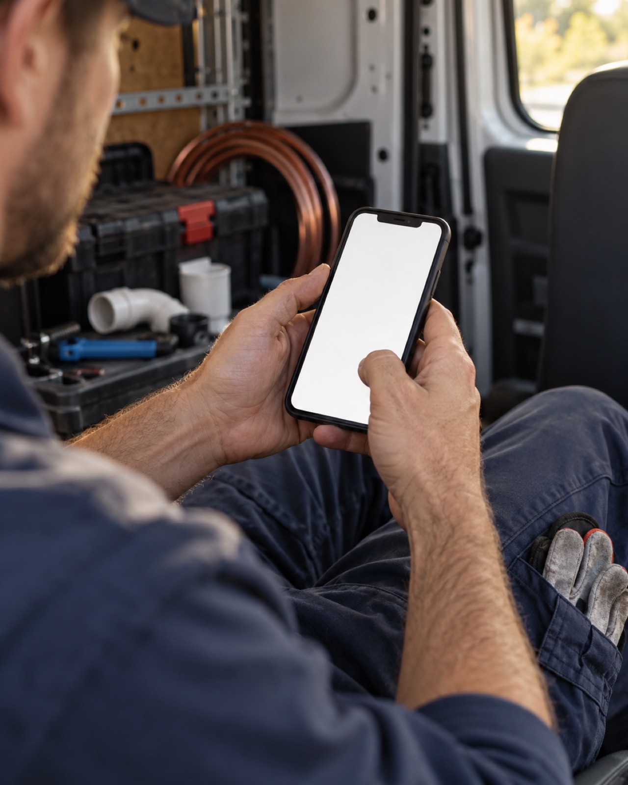 A plumber holding his phone in his van