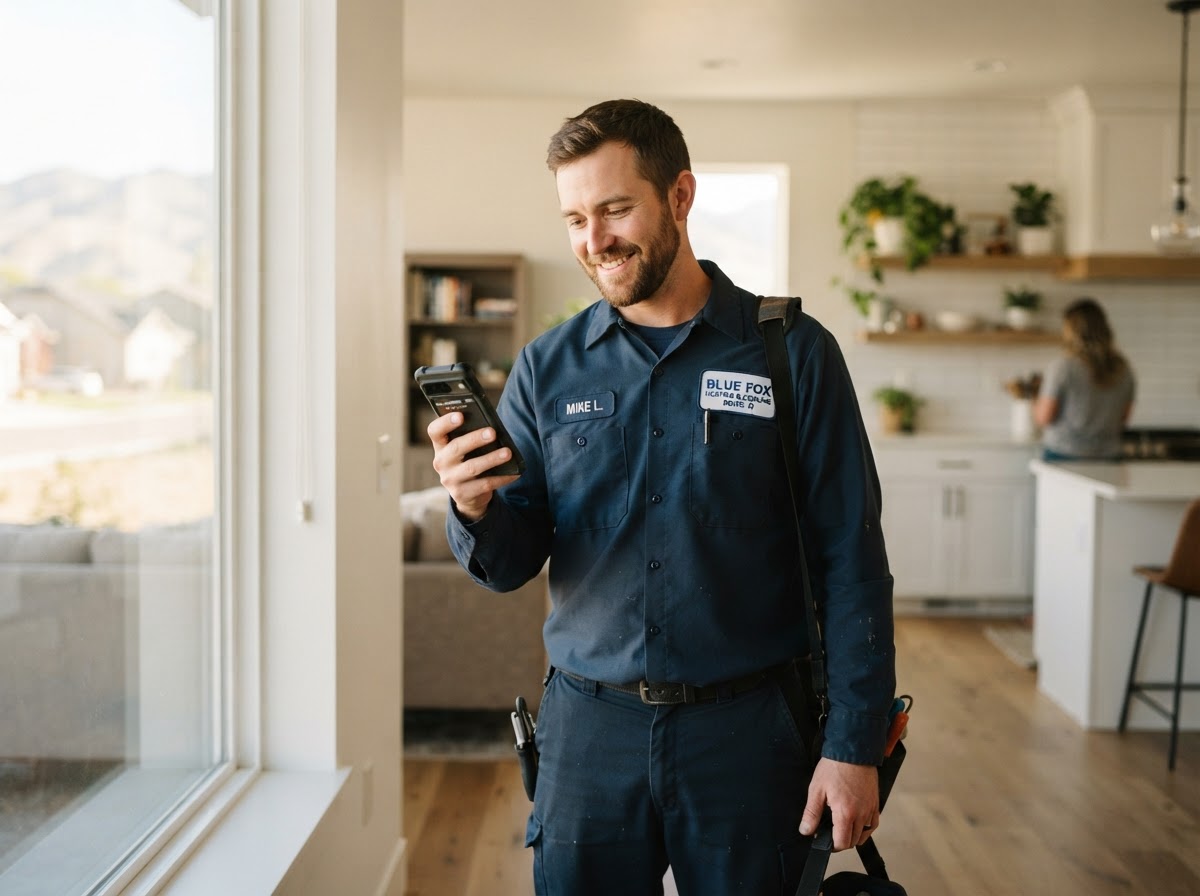 A home service technician in Boise checking a phone call while on a job