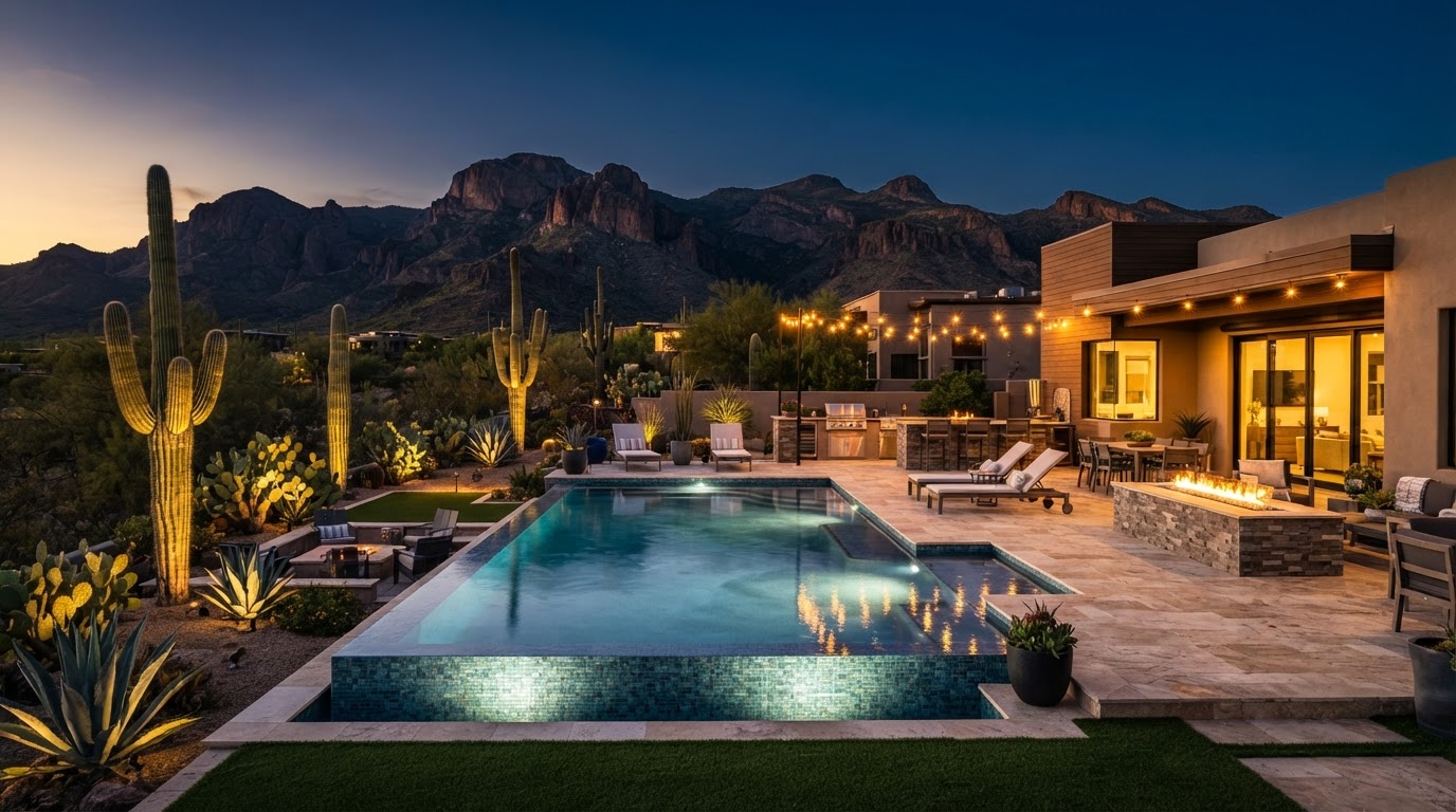 Luxury Arizona backyard landscape with pool, pavers, and outdoor kitchen
