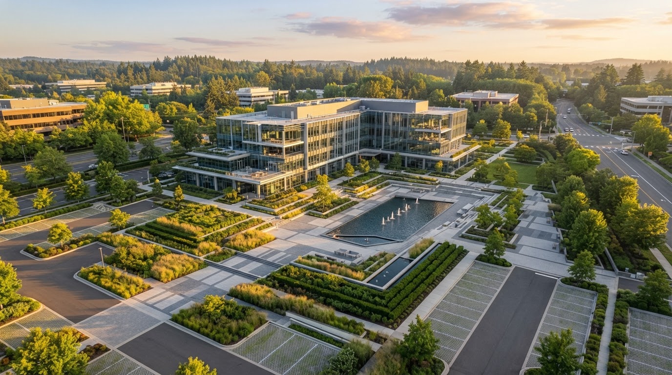 Aerial view of a luxury commercial landscape installation