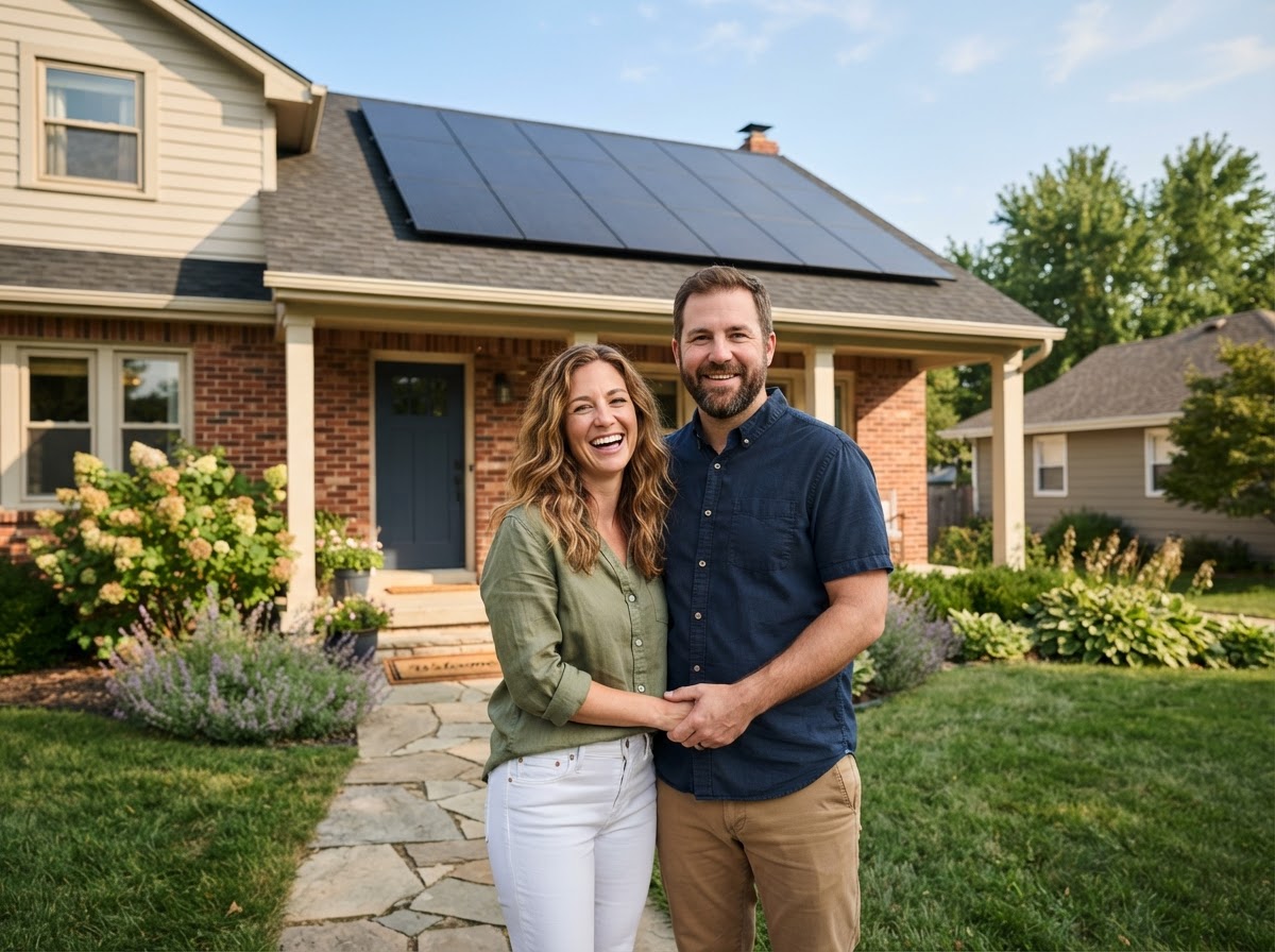 Happy Kansas homeowners in front of their solar-powered home