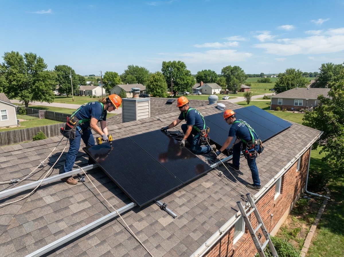 Solar installation crew installing all-black panels on a Kansas home