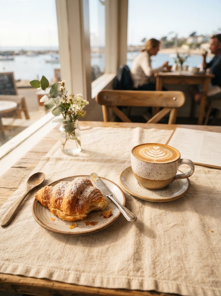 Freshly poured latte with latte art beside a croissant on a warm cream tablecloth