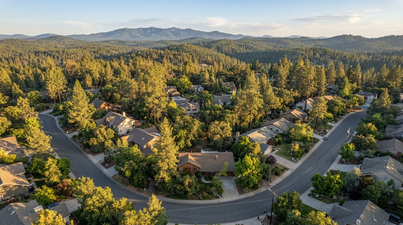 Aerial view of a residential neighborhood nestled among ponderosa pines in the Sierra foothills of El Dorado County, California