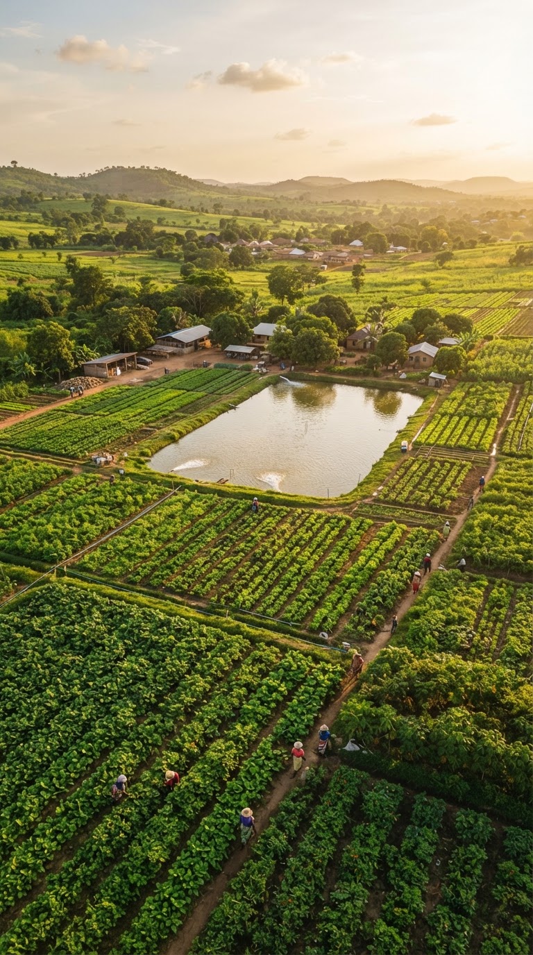 A proud Nigerian farmer standing in an abundant green field at sunrise