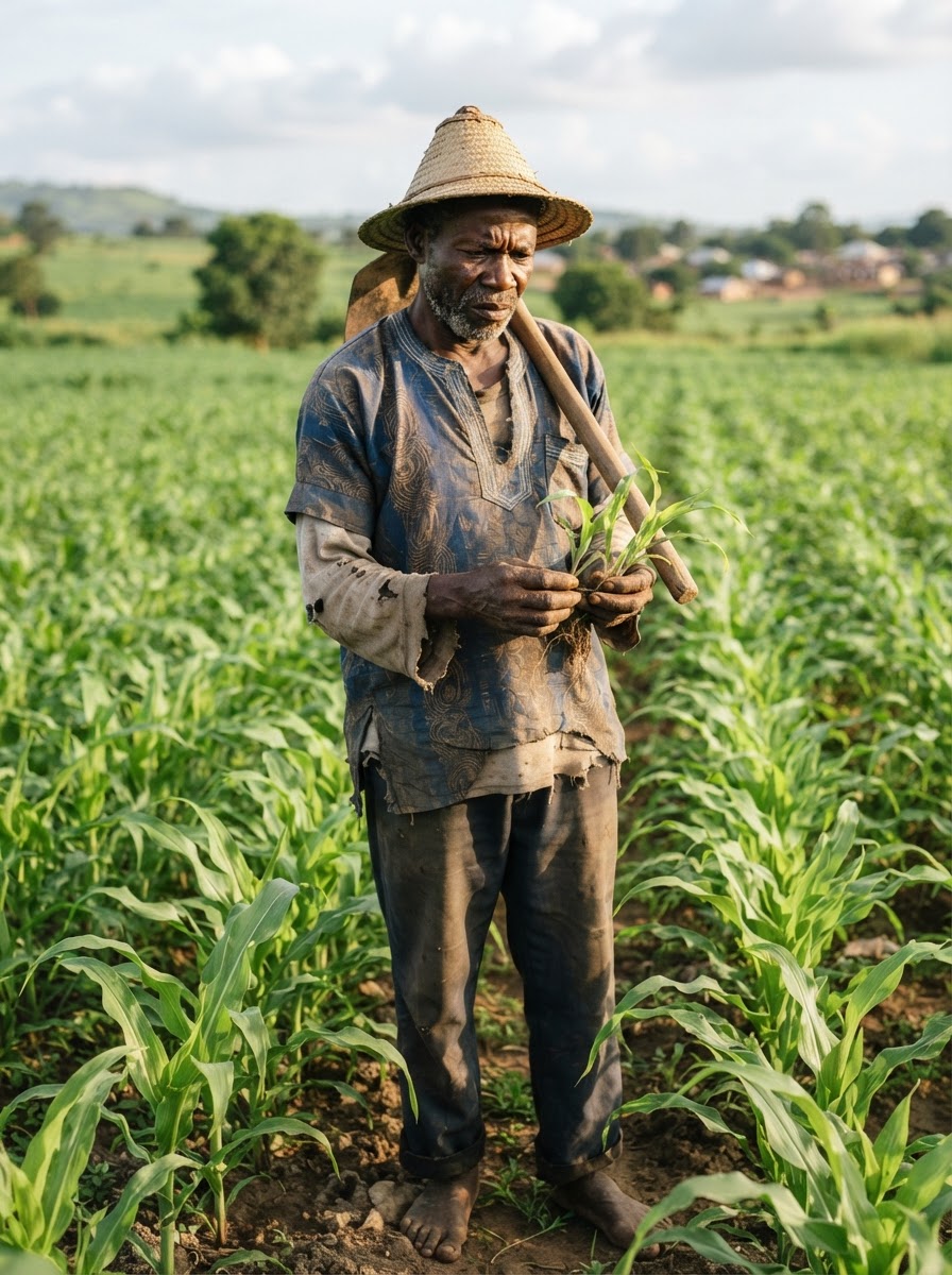 A Nigerian farmer inspecting his crops
