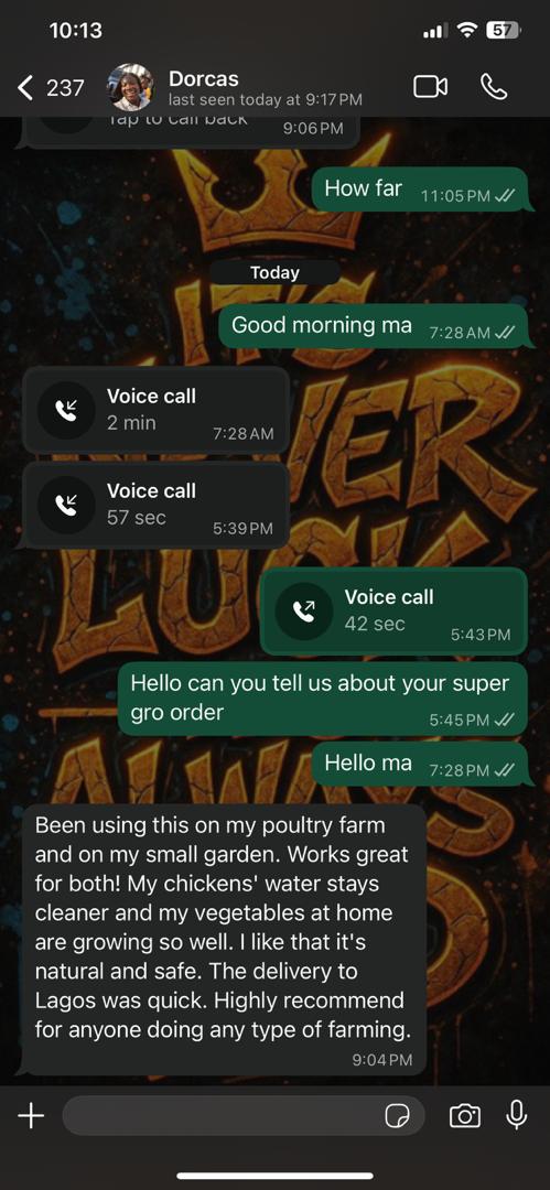 WhatsApp message from a Super Gro farmer 1