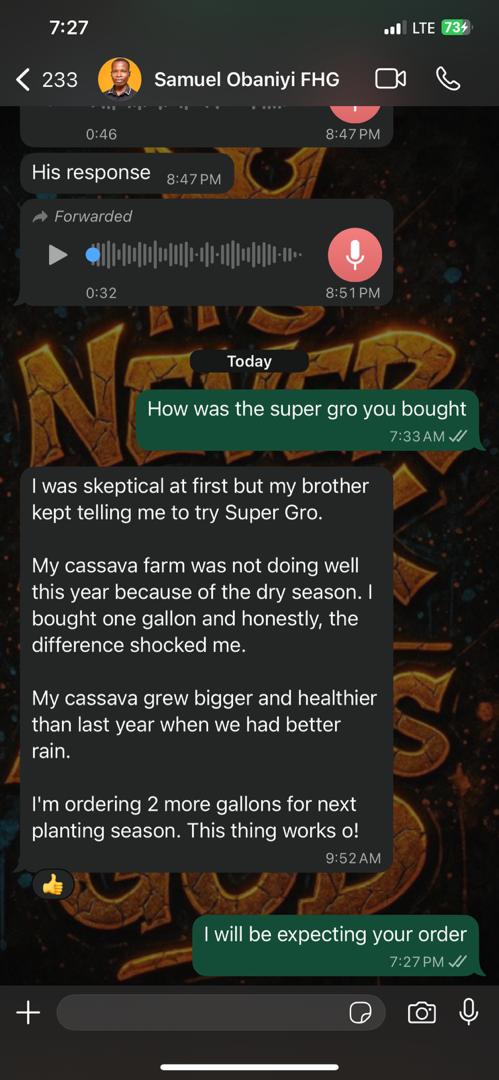 WhatsApp message from a Super Gro farmer 2