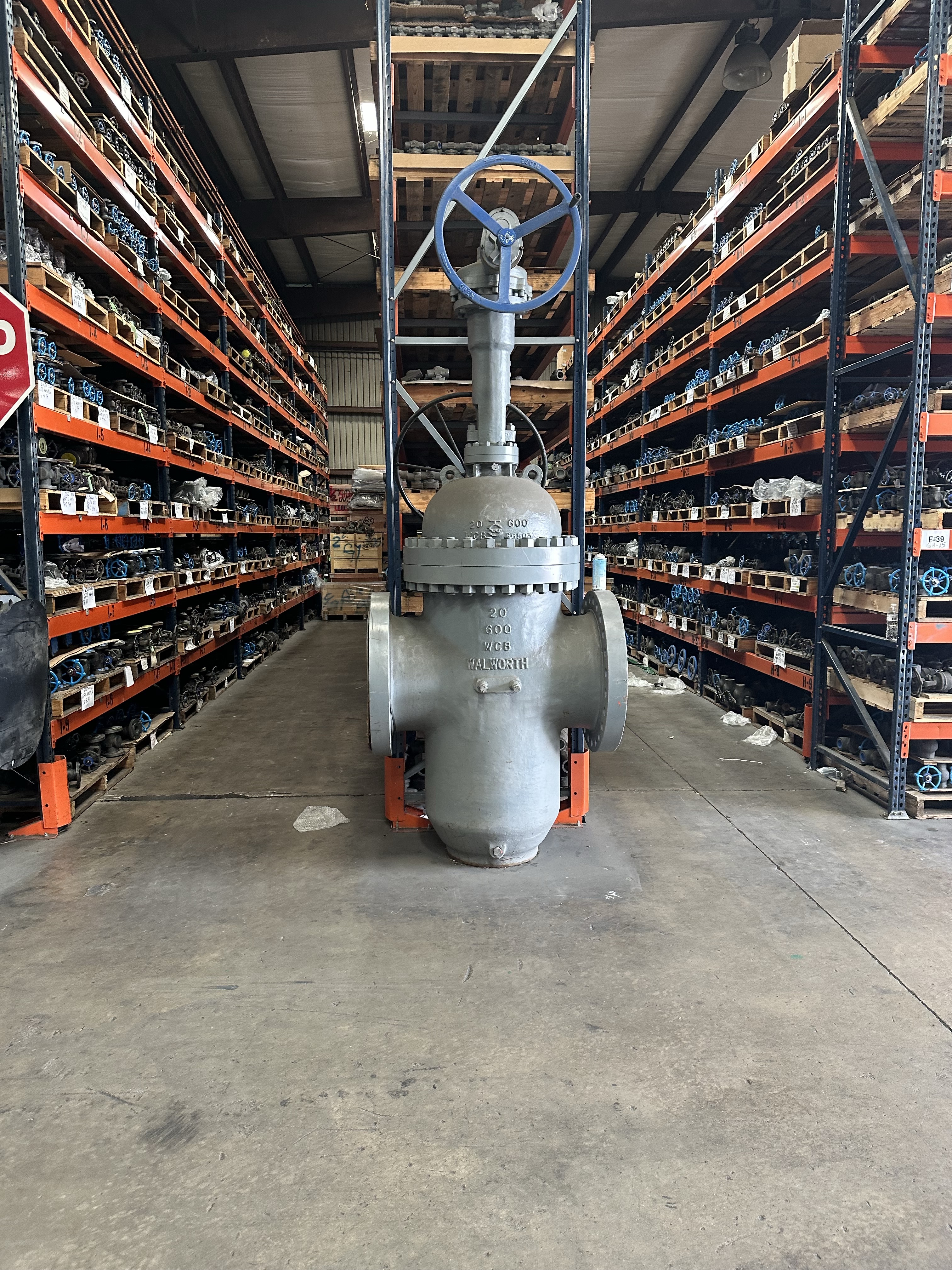 Walworth 20-inch Class 600 WCB Industrial Gate Valve in Warehouse Aisle