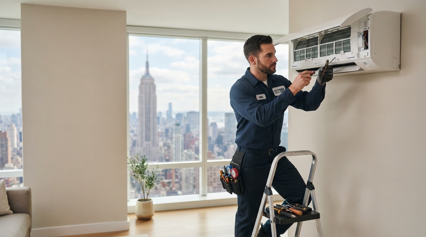 Northwind HVAC cooling technician servicing equipment in a Manhattan apartment