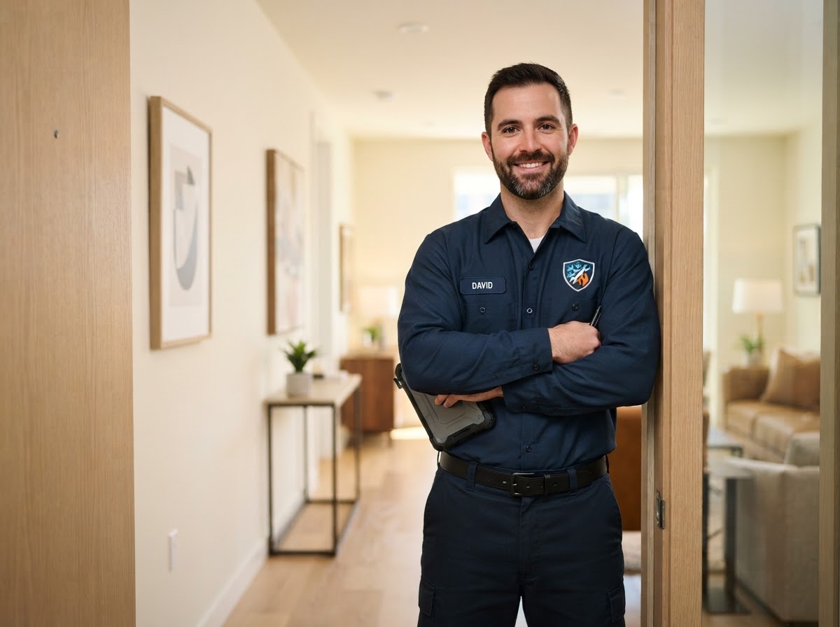 A Northwind HVAC technician in a clean uniform in a Manhattan apartment doorway