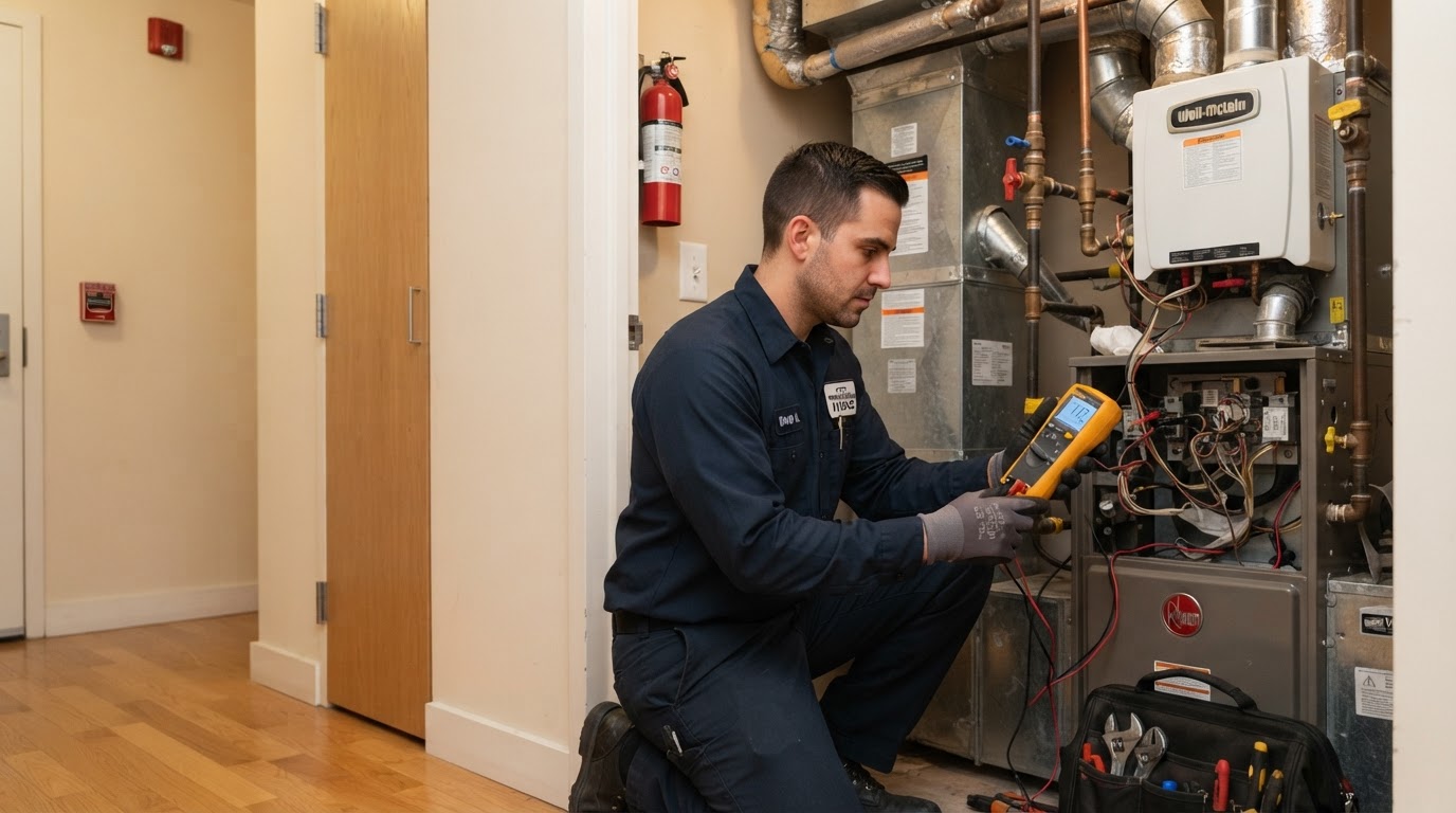 Northwind HVAC heating technician servicing equipment in a Manhattan apartment