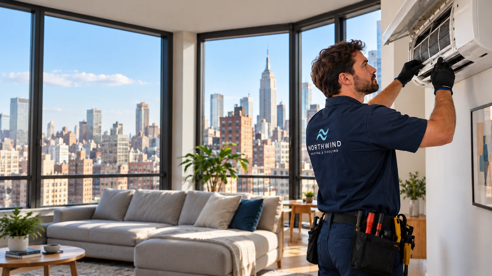 Northwind HVAC technician servicing a ductless unit in a bright Manhattan apartment with skyline views