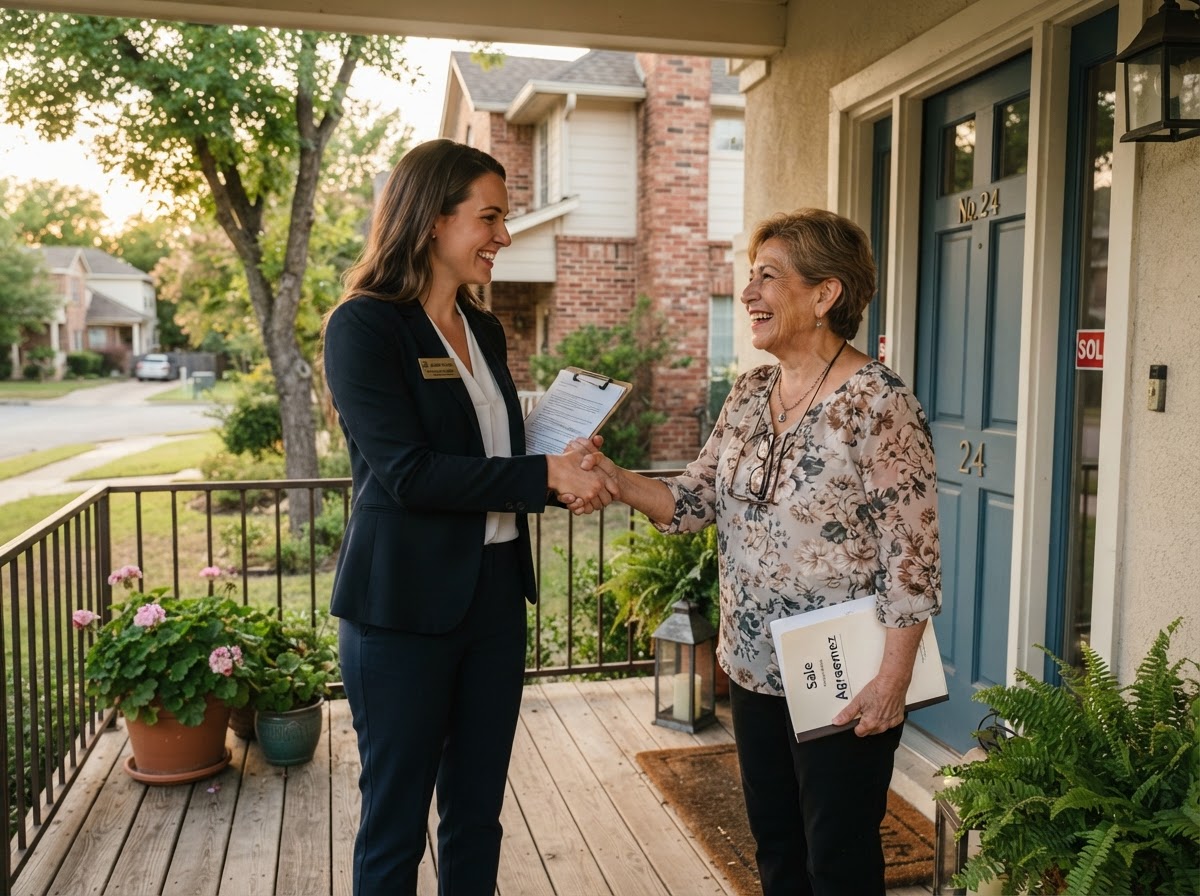 A Dubecky Home Solutions specialist shaking hands with a homeowner on the front porch
