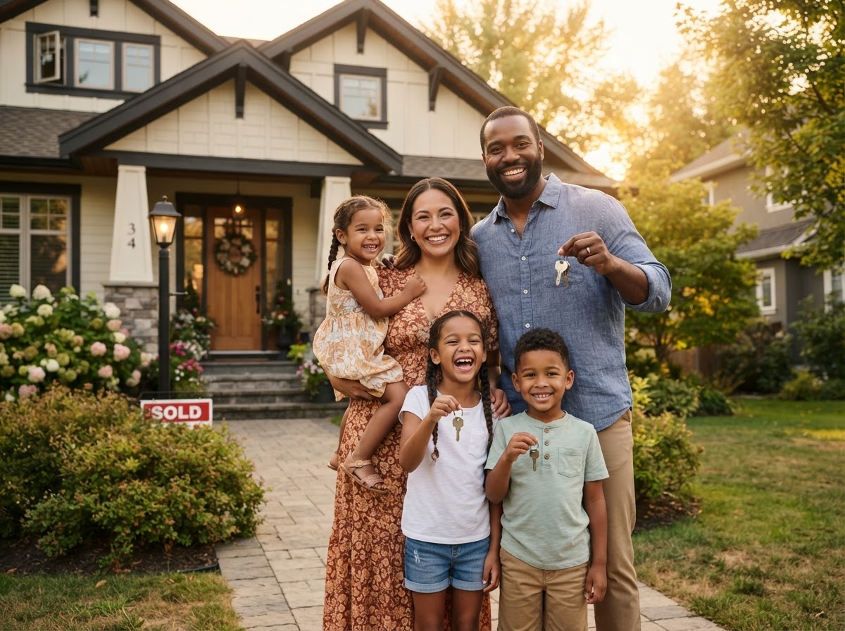 Happy new homeowners holding the keys to their home