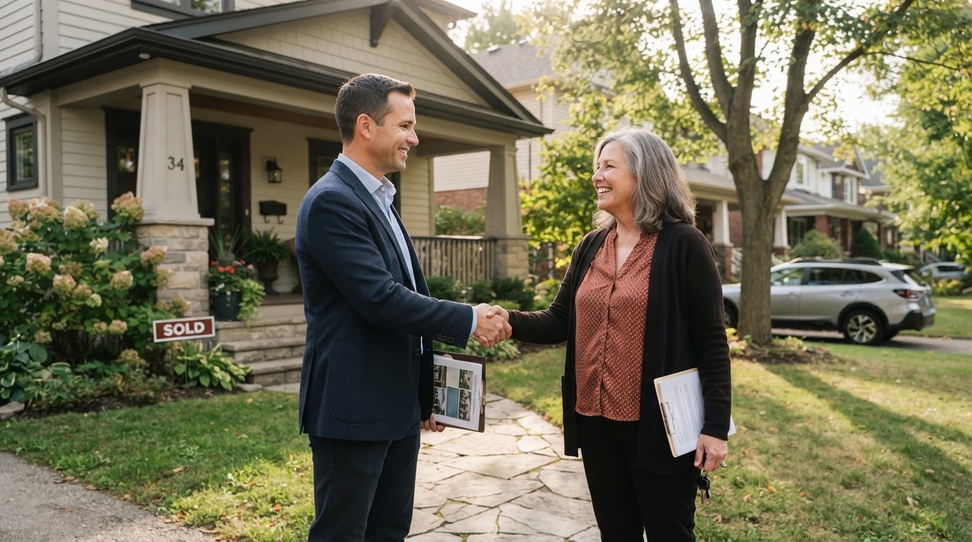 A real estate investor shaking hands with a homeowner in front of their property