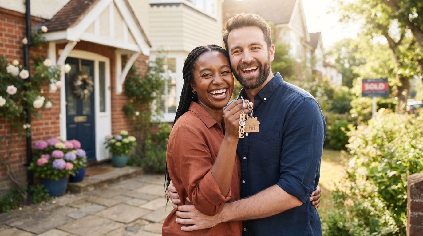 A happy couple holding the keys to their new home