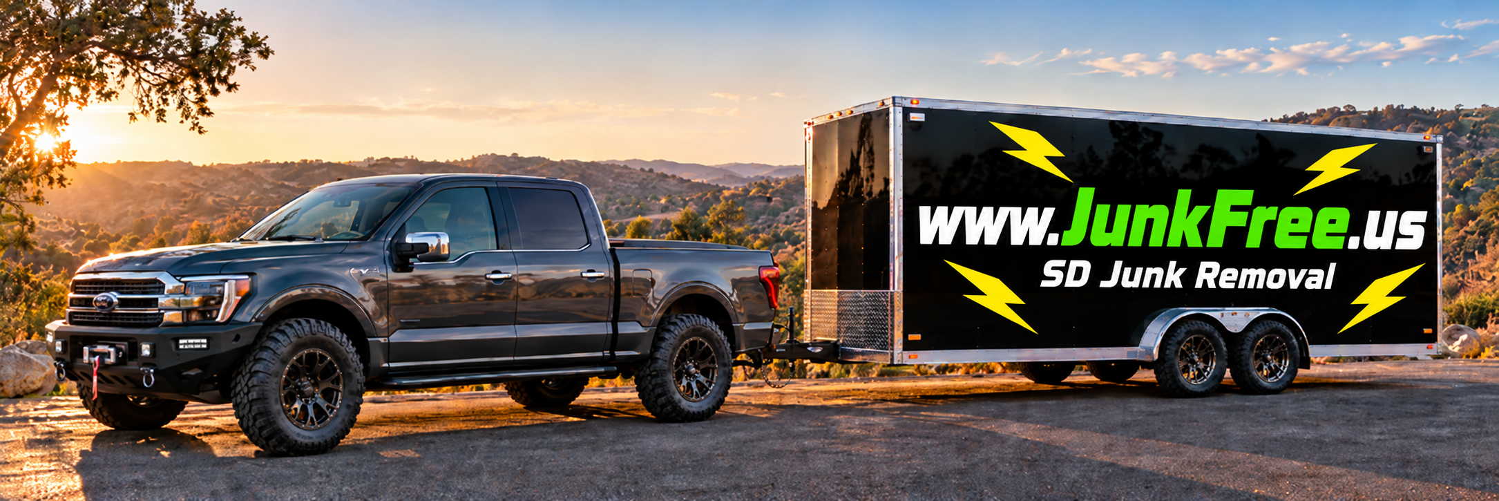 JunkFree.us rig and branded trailer in North County San Diego