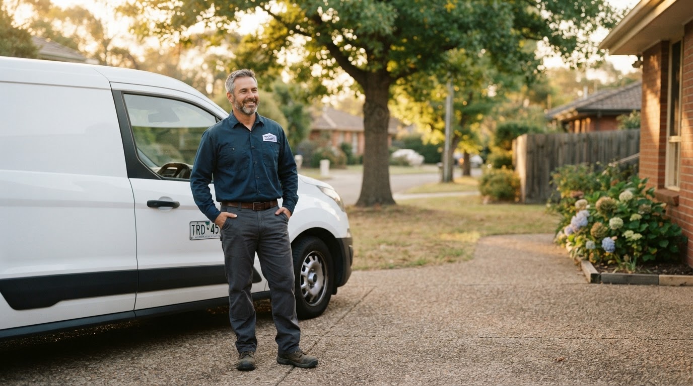 A home-service business owner standing beside a service van on a residential driveway at golden hour.