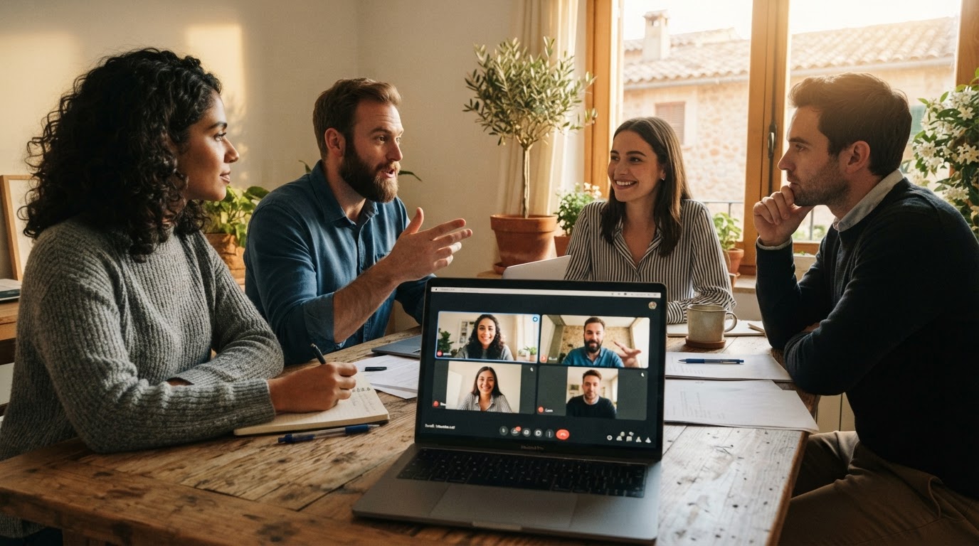 A small group of business owners working together on a video call