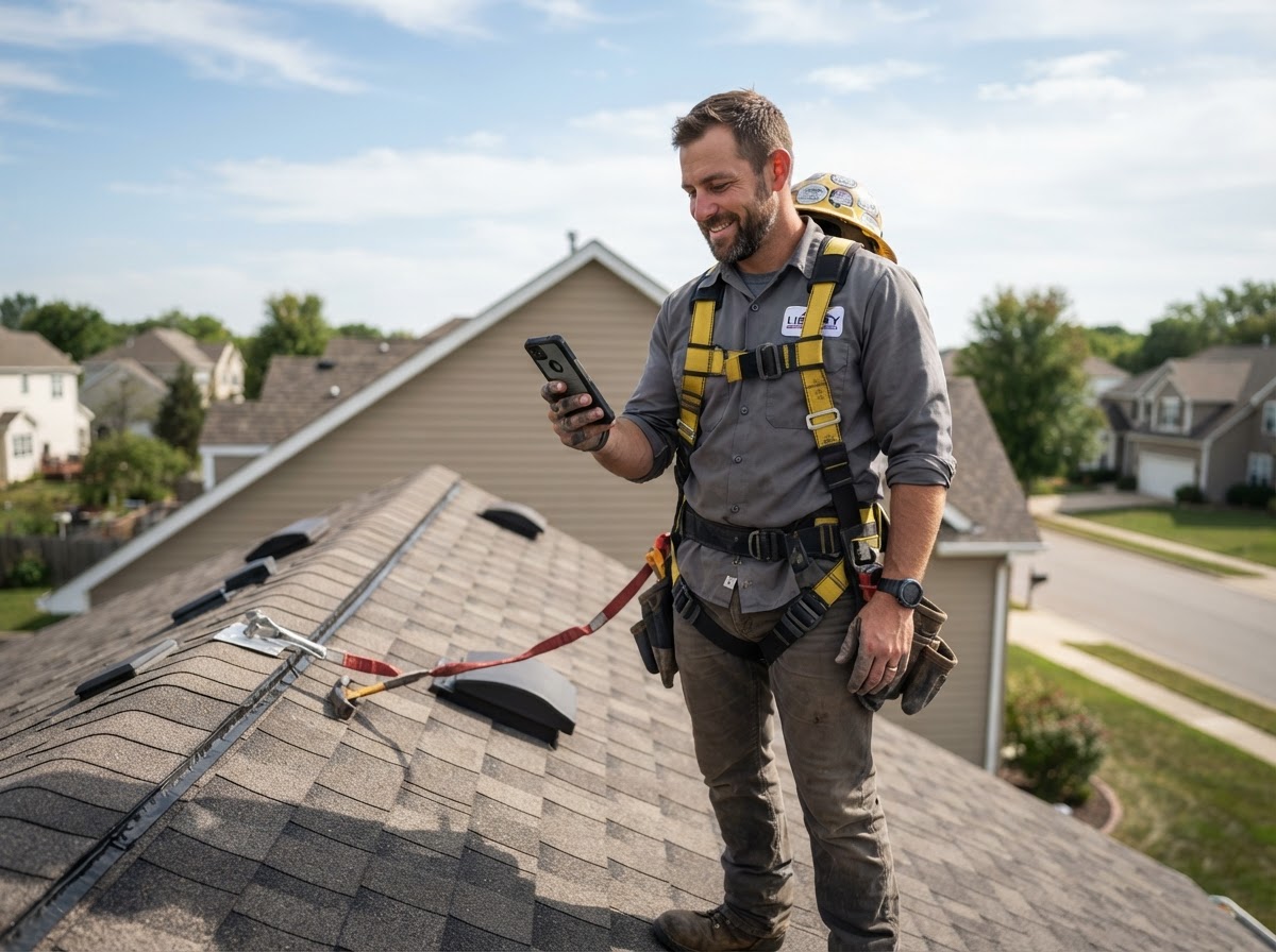 A contractor on a roof checking a new-lead text notification on his phone