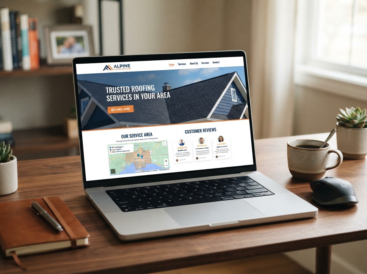 A contractor's lead-focused website shown on a laptop
