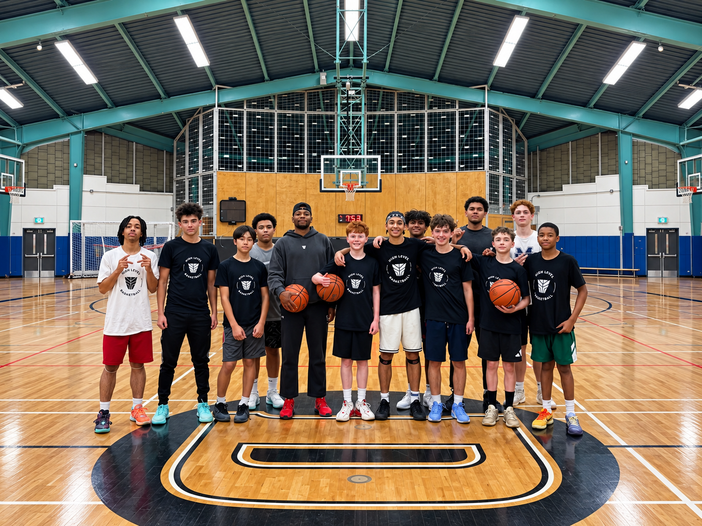 High Level Basketball athletes and coaches gathered on court during a training session