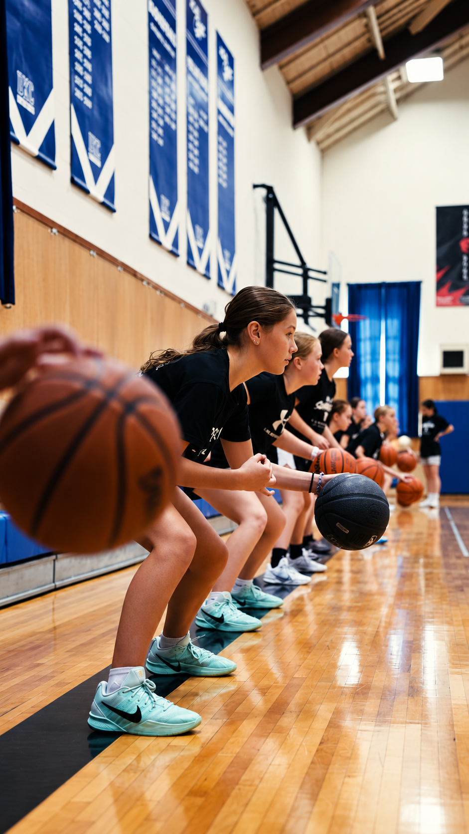High Level Basketball athletes practicing on court