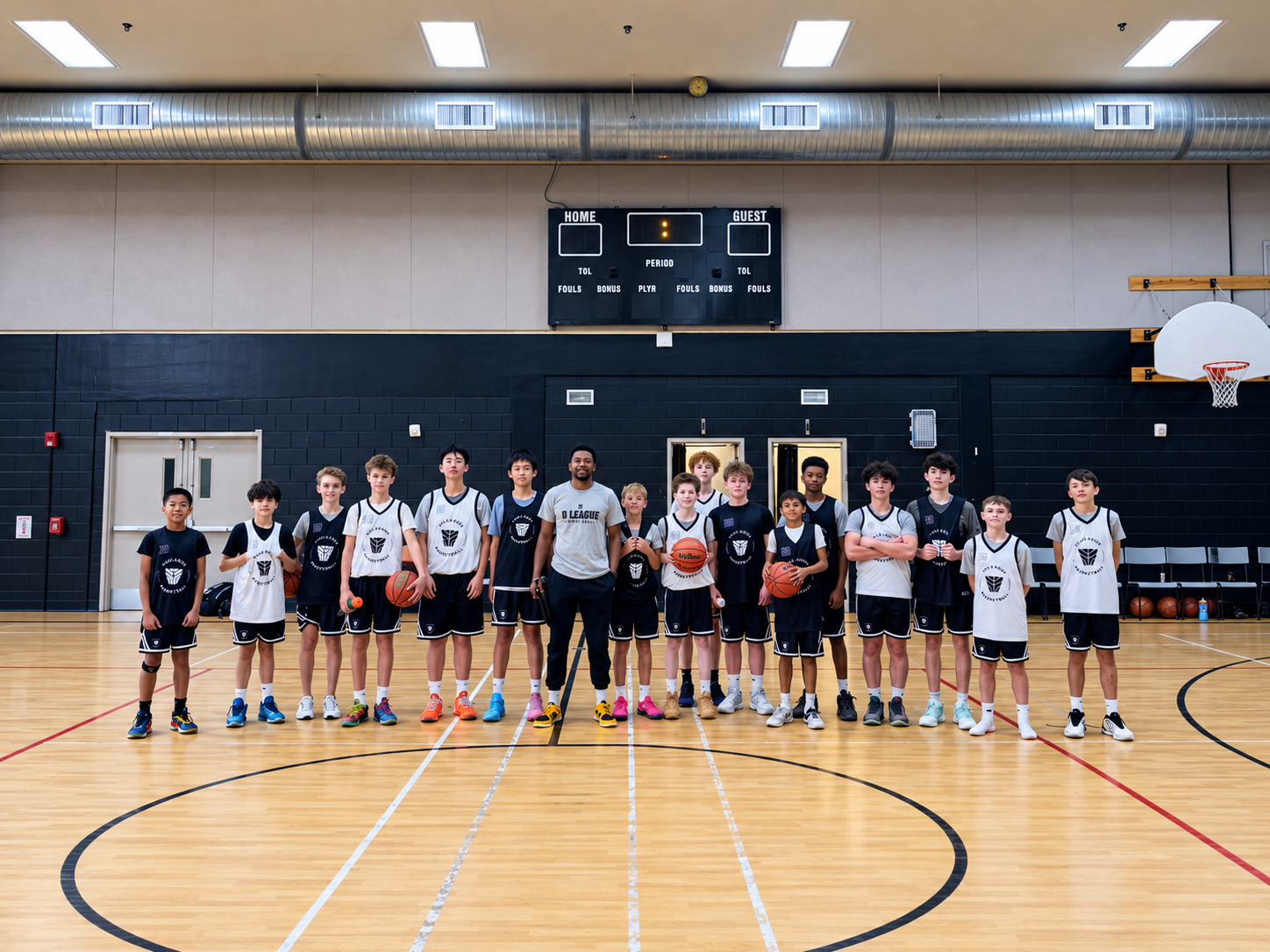 High Level Basketball athletes and coach standing together on court in uniform