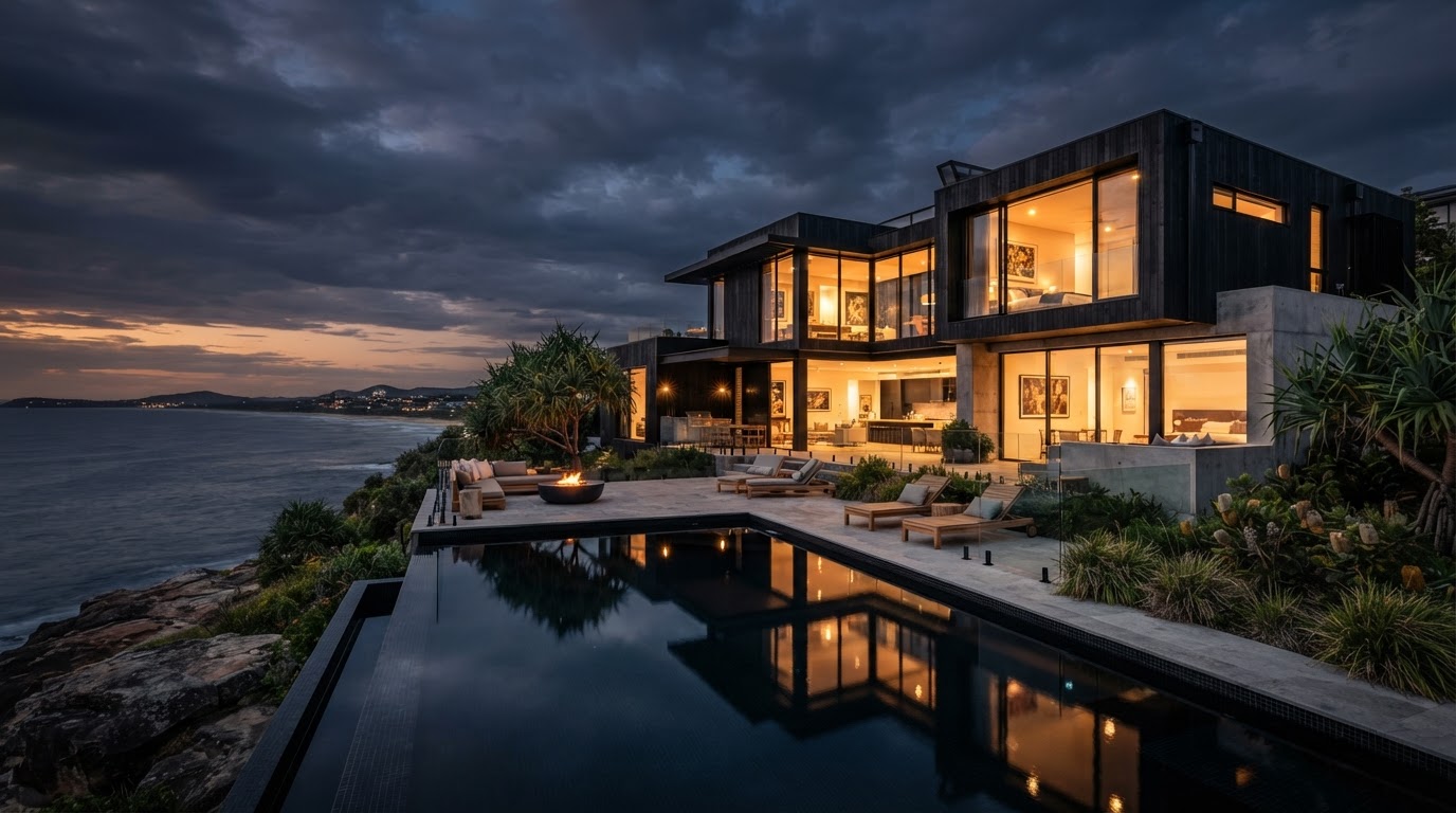 Completed luxury coastal home at dusk built by Shawn Jarvis Builder