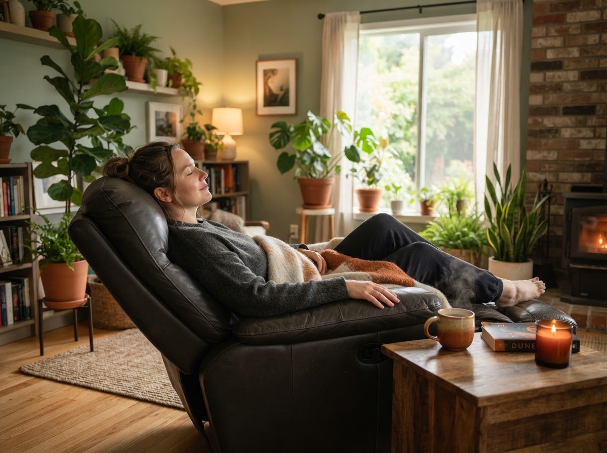 A person relaxing in a comfortable reclining chair in a quiet, peaceful room with warm lighting
