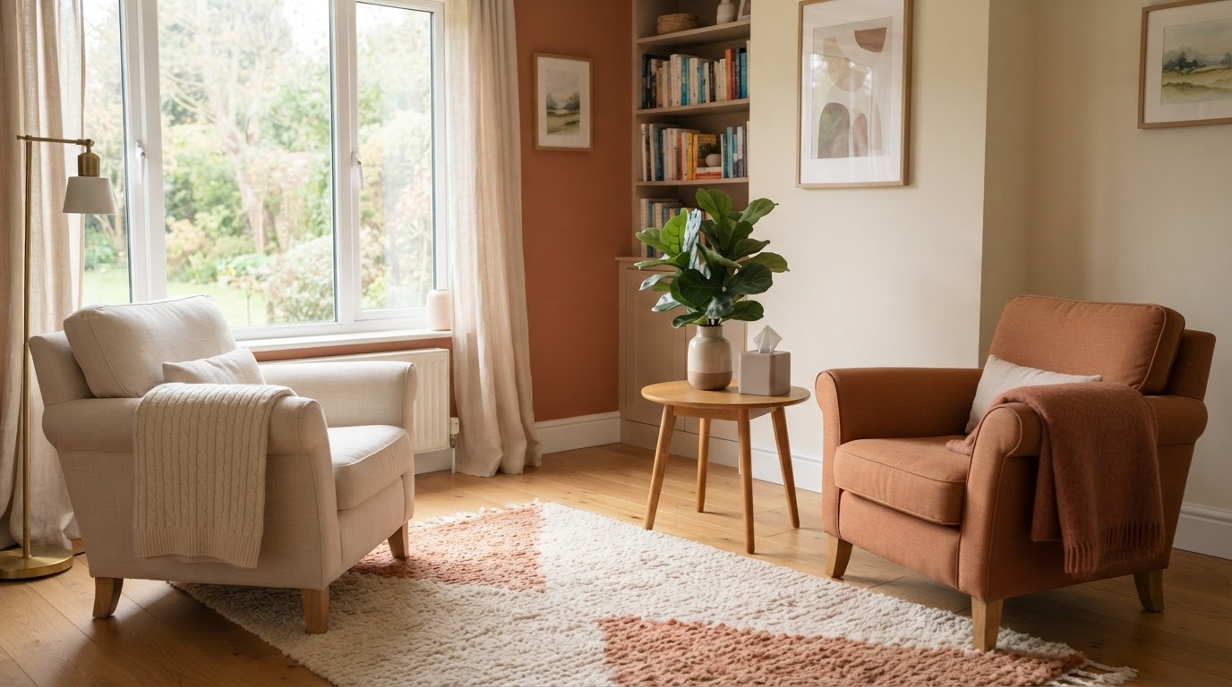 Warm, calming counselling room with two soft armchairs near a bright window