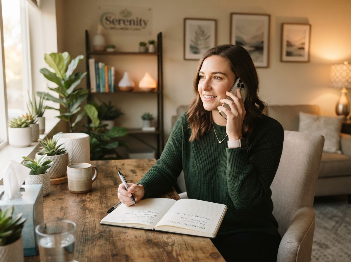 A person on a phone call in a calm, warmly lit wellness clinic room, holding a notebook while speaking with an insurance provider